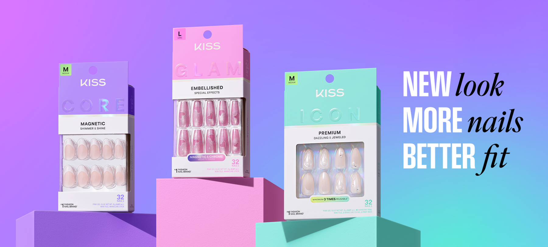 KISS relaunch graphics with colorful product packaging